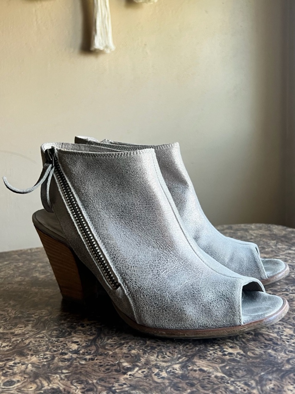 Paul Green Gray Suede Open-Toe Zip Booties